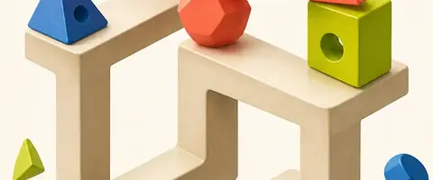 Colorful geometric puzzle pieces balancing on an abstract structure