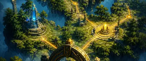 Floating fantasy islands connected by glowing paths